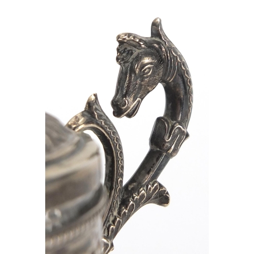 728 - *Description amended 04-01-18* Continental unmarked silver mustard with glass body, horse head handl... 