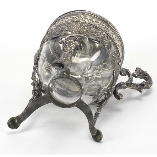 728 - *Description amended 04-01-18* Continental unmarked silver mustard with glass body, horse head handl... 