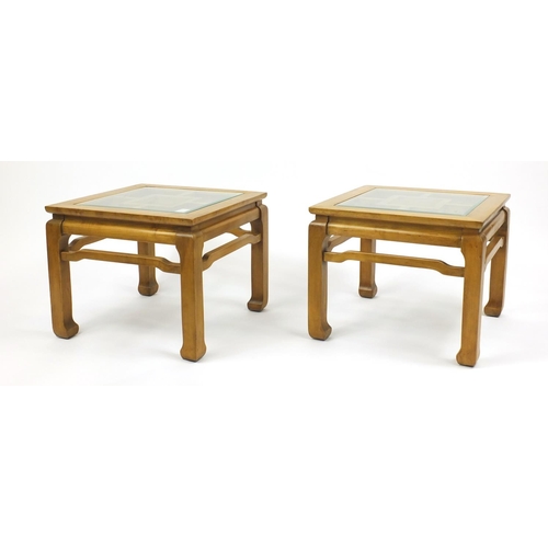 2034 - Pair of Chinese hardwood coffee tables with inset glass tops, each 42.5cm H x 51cm W x 51cm D