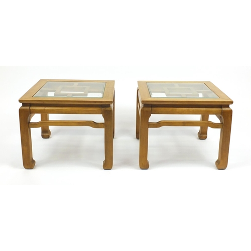 2034 - Pair of Chinese hardwood coffee tables with inset glass tops, each 42.5cm H x 51cm W x 51cm D