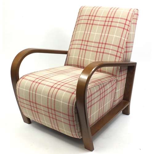 2024 - Art Deco style oak framed easy chair with check upholstery 89cm  H