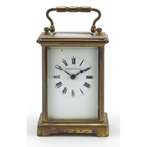 2061 - Brass cased carriage clock by Bruford & Sons, with  enamelled dial and Roman numerals, 11cm high exc... 