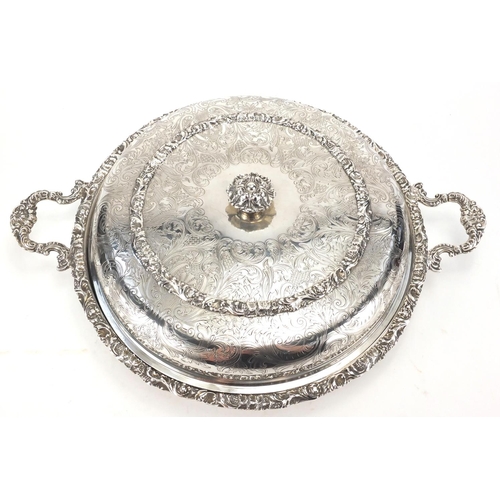 2099 - Parker Ellis silver plated serving tray and cover with twin handles, retailed by Harrods, engraved w... 