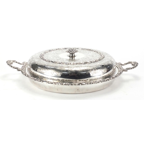 2099 - Parker Ellis silver plated serving tray and cover with twin handles, retailed by Harrods, engraved w... 