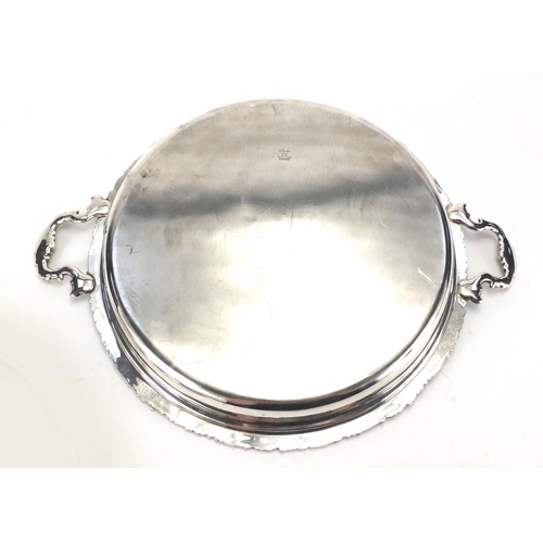 2099 - Parker Ellis silver plated serving tray and cover with twin handles, retailed by Harrods, engraved w... 