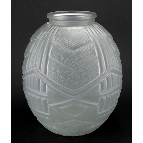 635 - Large French Art Deco frosted clear glass vase, having an all over abstract design, 28.5cm high