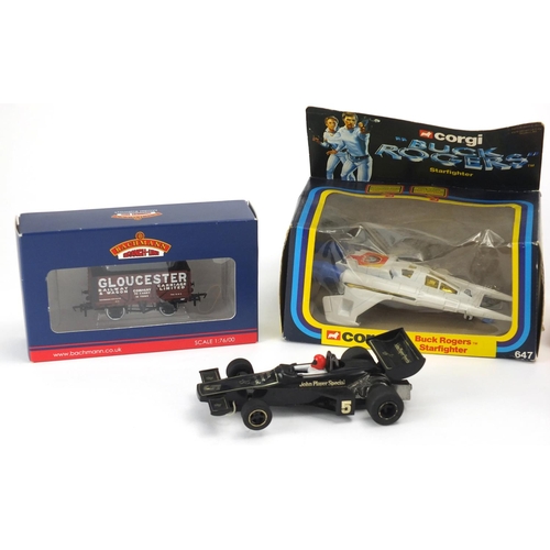 395 - Vintage and later toys comprising boxed Corgi Buck Rogers Starfighter and Bachmann locomotive and te... 