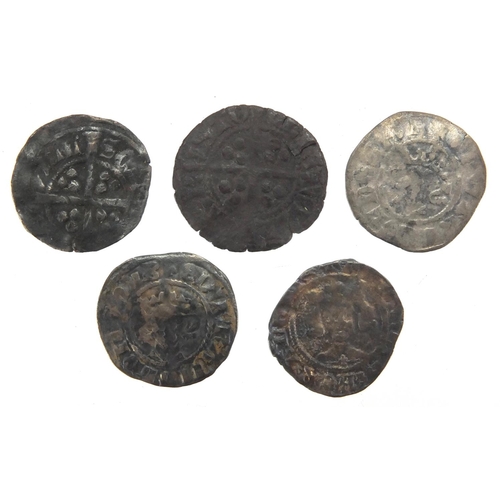 212 - Five hammered silver long cross pennies, approximate weight 6.3g