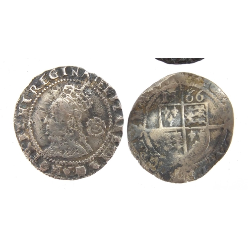 211 - Four Elizabethan hammered silver pennies, including dates 1566, 1572 and 1575, approximate weight 4.... 