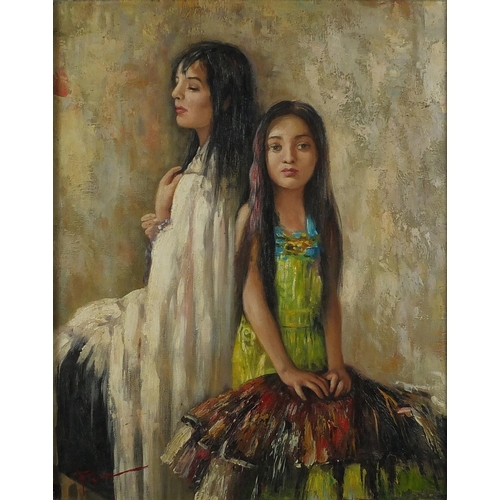 2265 - Two young girls, Italian school oil onto board, bearing an indistinct signature, framed, 50cm x 40cm