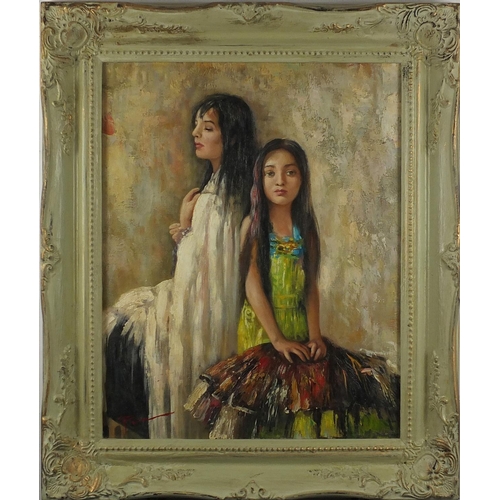 2265 - Two young girls, Italian school oil onto board, bearing an indistinct signature, framed, 50cm x 40cm