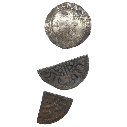 216 - Three hammered silver pennies, together with clippings and other coins, approximate weight 9.6g