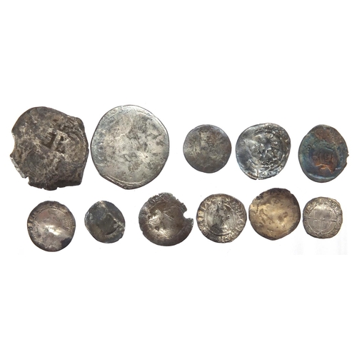 222 - Eleven hammered silver coins mostly British, various denominations, the largest 2.5cm in diameter, a... 