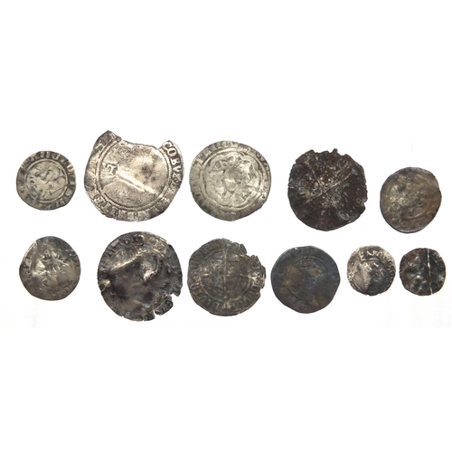 217 - Eleven hammered silver coins including six pence, three pence and pennies, approximate weight 13.4g