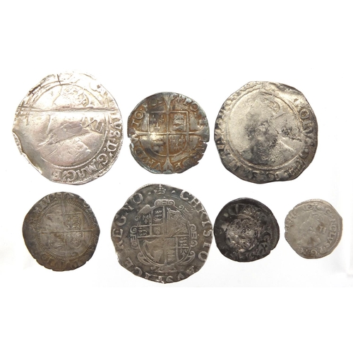 193 - Seven hammered silver coins including a Charles I shilling, approximate weight 22.5g