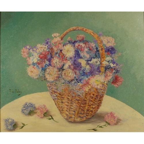 2266 - Still life, flowers in a basket, oil onto board, bearing a signature P De Belay, mounted and framed,... 