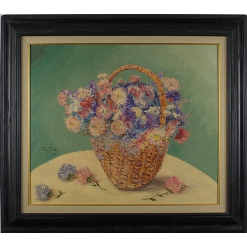 2266 - Still life, flowers in a basket, oil onto board, bearing a signature P De Belay, mounted and framed,... 