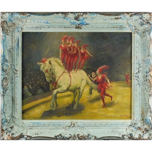 2051 - Circus performers, oil onto board, bearing an indistinct signature Laura Knight, framed, 48cm x 39cm