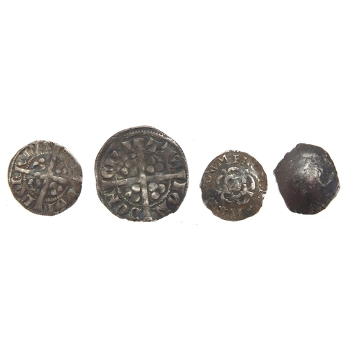 218 - Three hammered silver coins and one other including a long cross penny, approximate weight 3.9g