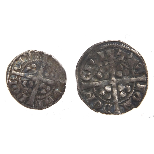 218 - Three hammered silver coins and one other including a long cross penny, approximate weight 3.9g