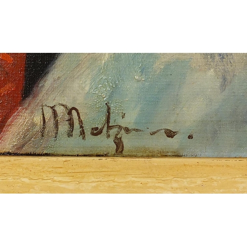 2048 - Abstract composition, geometric surreal figure, oil onto board, bearing an indistinct signature Maki... 