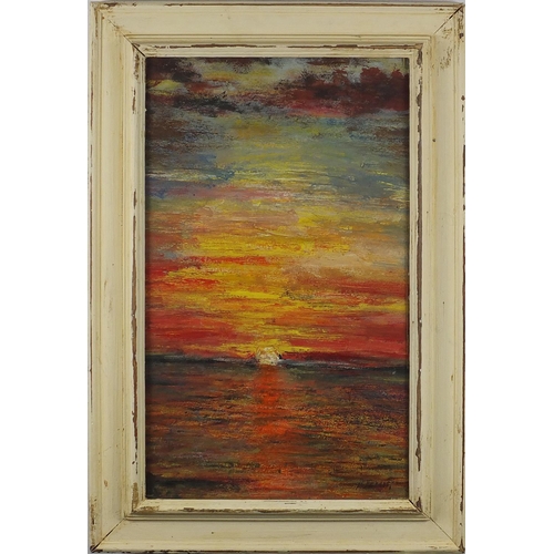 2110 - Sunset seascape, oil onto board, bearing a signature P French, 49cm x 29cm