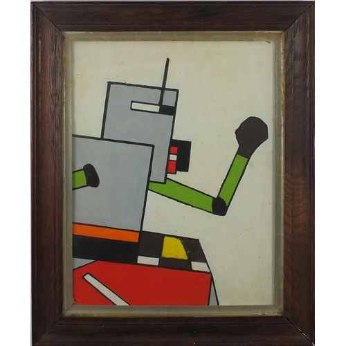 2090 - Cubist robot oil onto board, bearing an indistinct monogram to the lower left, mounted and framed, 4... 