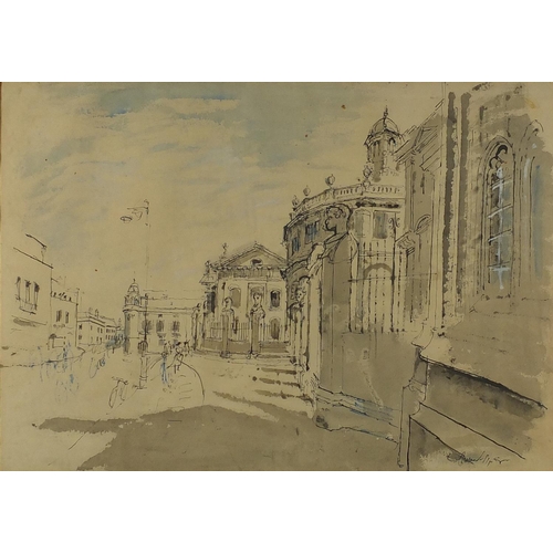 1032 - Edward Piper - Street scene, ink and watercolour, labels verso, framed, 54cm x 39cm