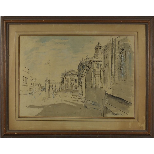 1032 - Edward Piper - Street scene, ink and watercolour, labels verso, framed, 54cm x 39cm