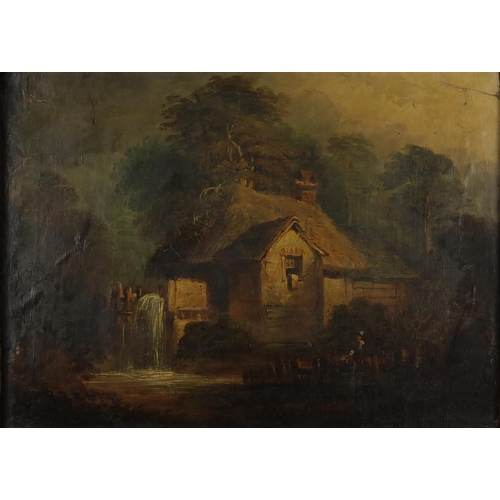 1028 - George Vincent - Figure fishing beside a watermill, early 19th century oil onto canvas, framed, 61cm... 