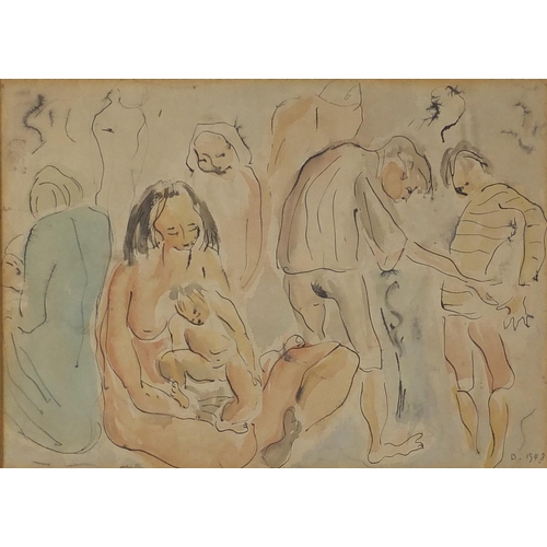 1029 - Nude mother and child in a party gathering, ink and watercolour, bearing a monogram B.1948 and Chris... 