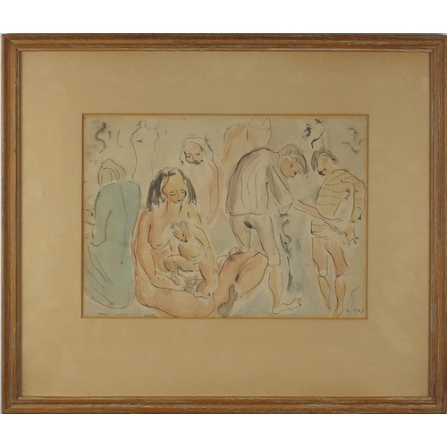 1029 - Nude mother and child in a party gathering, ink and watercolour, bearing a monogram B.1948 and Chris... 