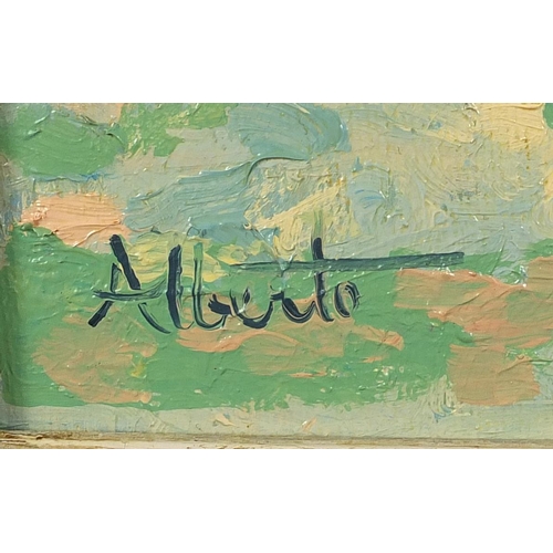 1116 - Beach scene, oil onto board, bearing a signature Alberto and inscription verso, framed, 38.5cm x 28.... 