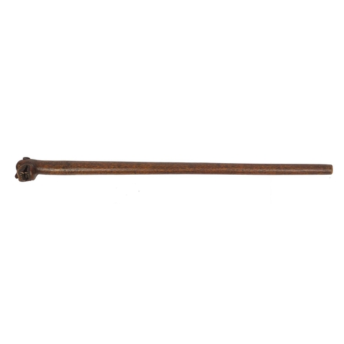 568 - African hardwood walking stick, the pommel carved with lions head, 93cm in length