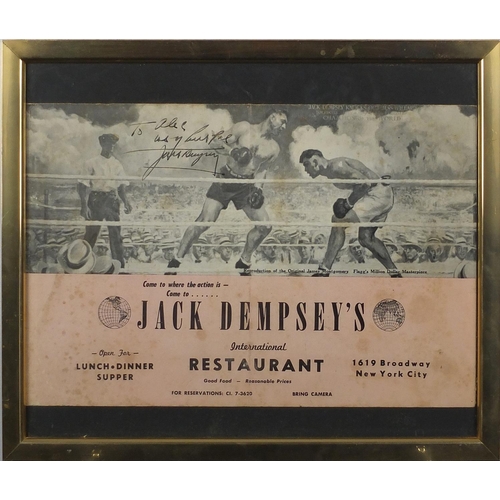 145 - Jack Dempsey ink signed restaurant menu, 1619 Broadway New York City, inscribed given to me by Jack ... 