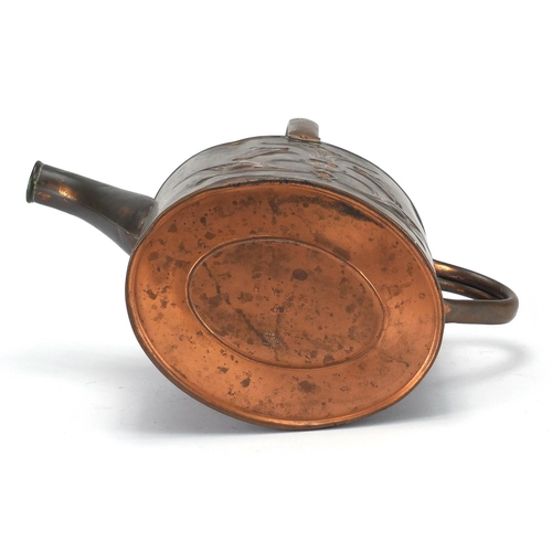 703 - Arts & Crafts copper watering can embossed with stylised flowers, impressed J S & S marks and regist... 