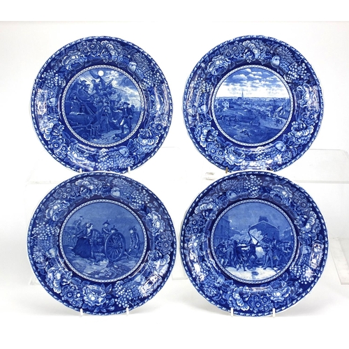 609 - Seven Staffordshire historical blue and white transfer printed plates, including Commodore Paul Jone... 