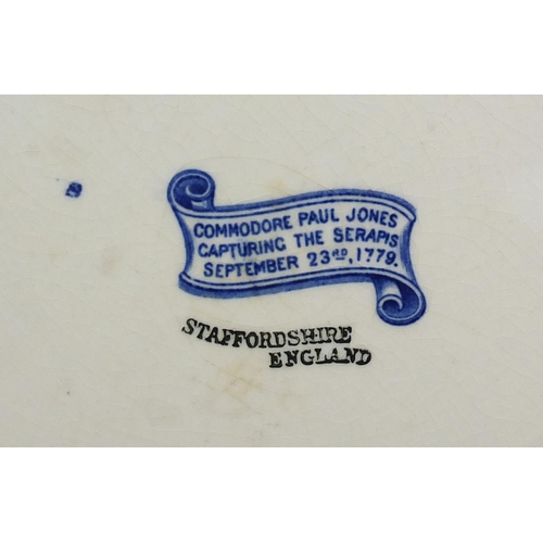 609 - Seven Staffordshire historical blue and white transfer printed plates, including Commodore Paul Jone... 