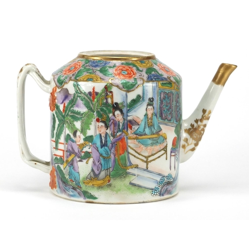 430 - Chinese porcelain teapot hand painted in the famille rose palette with figures in a palace setting, ... 