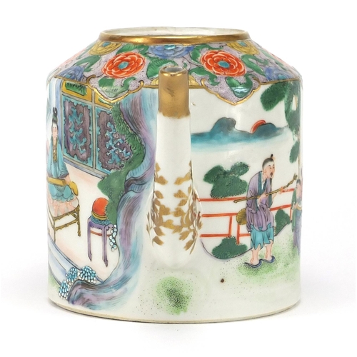 430 - Chinese porcelain teapot hand painted in the famille rose palette with figures in a palace setting, ... 