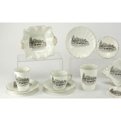 666 - Group of Shelley The Olde Mint House Pevensey Sussex, crested china including beakers and pin trays,... 