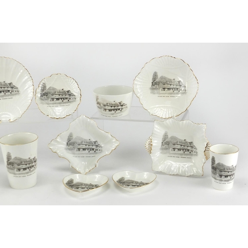 666 - Group of Shelley The Olde Mint House Pevensey Sussex, crested china including beakers and pin trays,... 