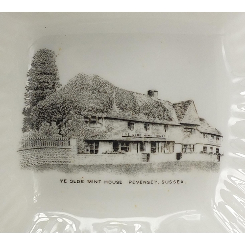 666 - Group of Shelley The Olde Mint House Pevensey Sussex, crested china including beakers and pin trays,... 