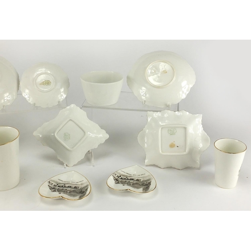 666 - Group of Shelley The Olde Mint House Pevensey Sussex, crested china including beakers and pin trays,... 