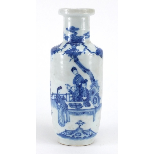 436 - Chinese blue and white porcelain Rouleau vase, hand painted with figures in a palace setting, blue K... 