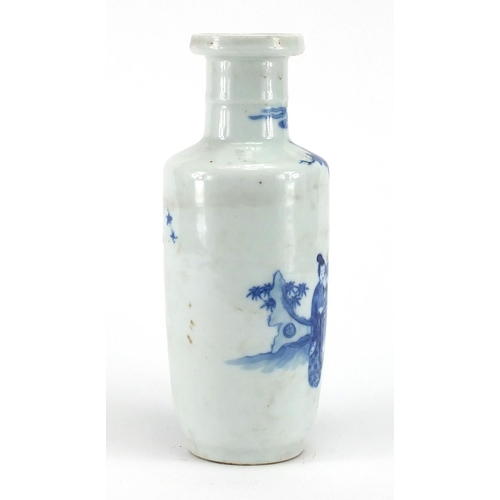 436 - Chinese blue and white porcelain Rouleau vase, hand painted with figures in a palace setting, blue K... 