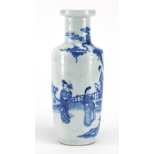 436 - Chinese blue and white porcelain Rouleau vase, hand painted with figures in a palace setting, blue K... 