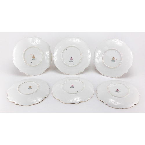 607 - Set of six Victorian Royal Worcester blush ivory porcelain plates with gilt borders, each decorated ... 