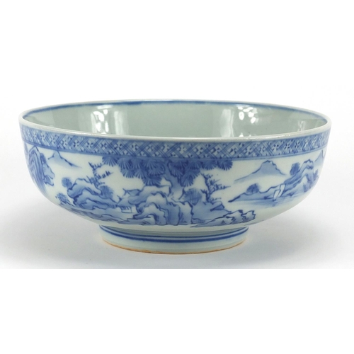 449 - Oriental blue and white porcelain bowl, hand painted with a river landscape, character marks to the ... 