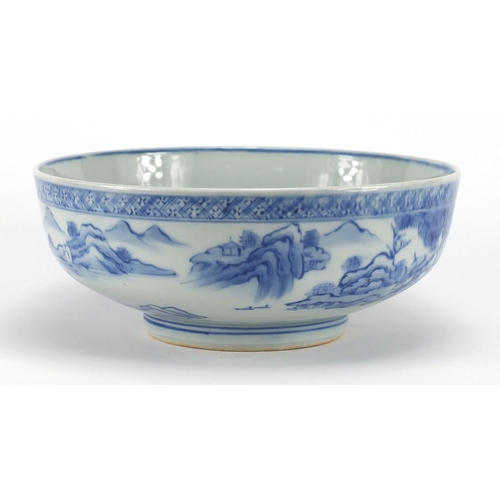 449 - Oriental blue and white porcelain bowl, hand painted with a river landscape, character marks to the ... 
